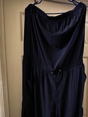 New York & Company Navy Strapless Cargo Drawstring Jumpsuit
